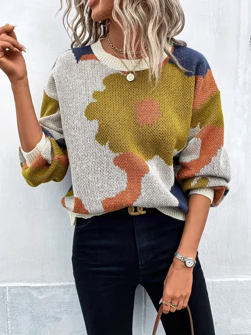 Women's Abstract Floral Knit Sweater with Ribbed Cuffs and Hem