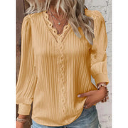 Textured Relaxed Blouse with Lace V-Neck and Cuffed Sleeves for Women