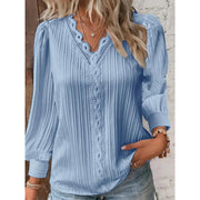 Textured Relaxed Blouse with Lace V-Neck and Cuffed Sleeves for Women
