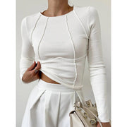 Women's Fitted Ribbed Top with Round Neckline and Long Sleeves