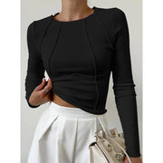 Women's Fitted Ribbed Top with Round Neckline and Long Sleeves