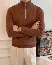 Men's Half-Zip Cotton Sweater with High Collar and Ribbed Details