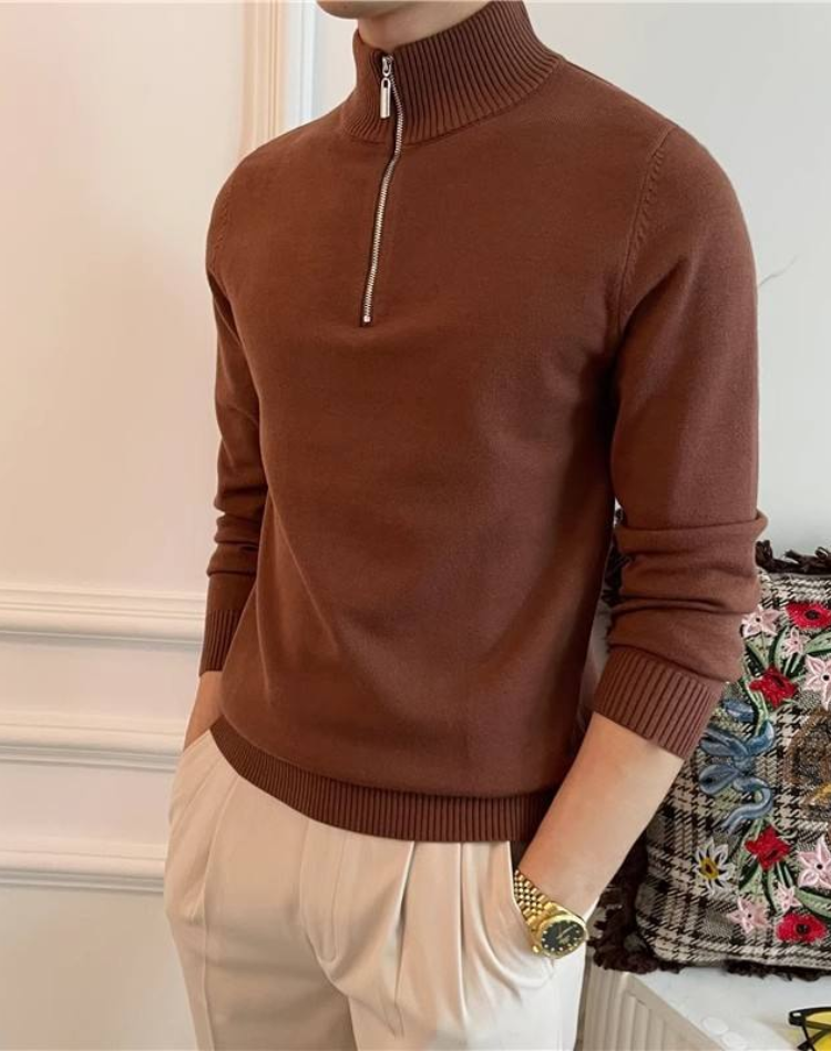 Men's Half-Zip Cotton Sweater with High Collar and Ribbed Details