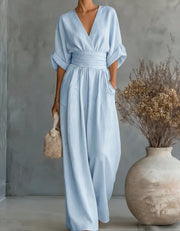 V-Neck Wide-Leg Jumpsuit Casual Denim Style