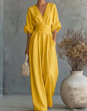 V-Neck Wide-Leg Jumpsuit Casual Denim Style