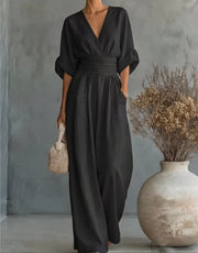 V-Neck Wide-Leg Jumpsuit Casual Denim Style