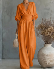 V-Neck Wide-Leg Jumpsuit Casual Denim Style