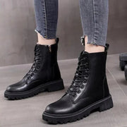 Warm Lace-Up Leather Autumn Winter Ankle Boots with Side Zip for Women