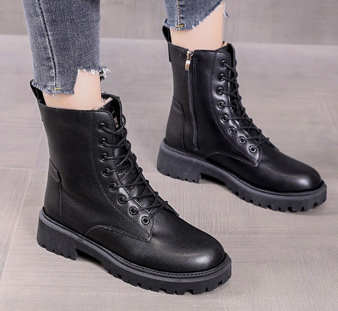 Warm Lace-Up Leather Autumn Winter Ankle Boots with Side Zip for Women