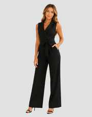 Wide-Leg Belted Jumpsuit Wrap Neckline Evening Wear
