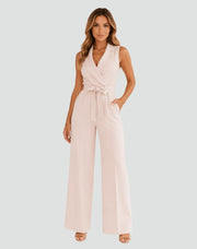 Wide-Leg Belted Jumpsuit Wrap Neckline Evening Wear