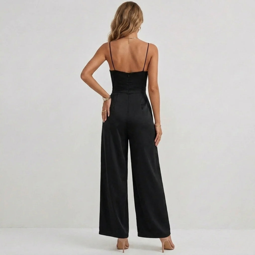 Pleated wide-leg jumpsuit with self-tie high waist belt, side view