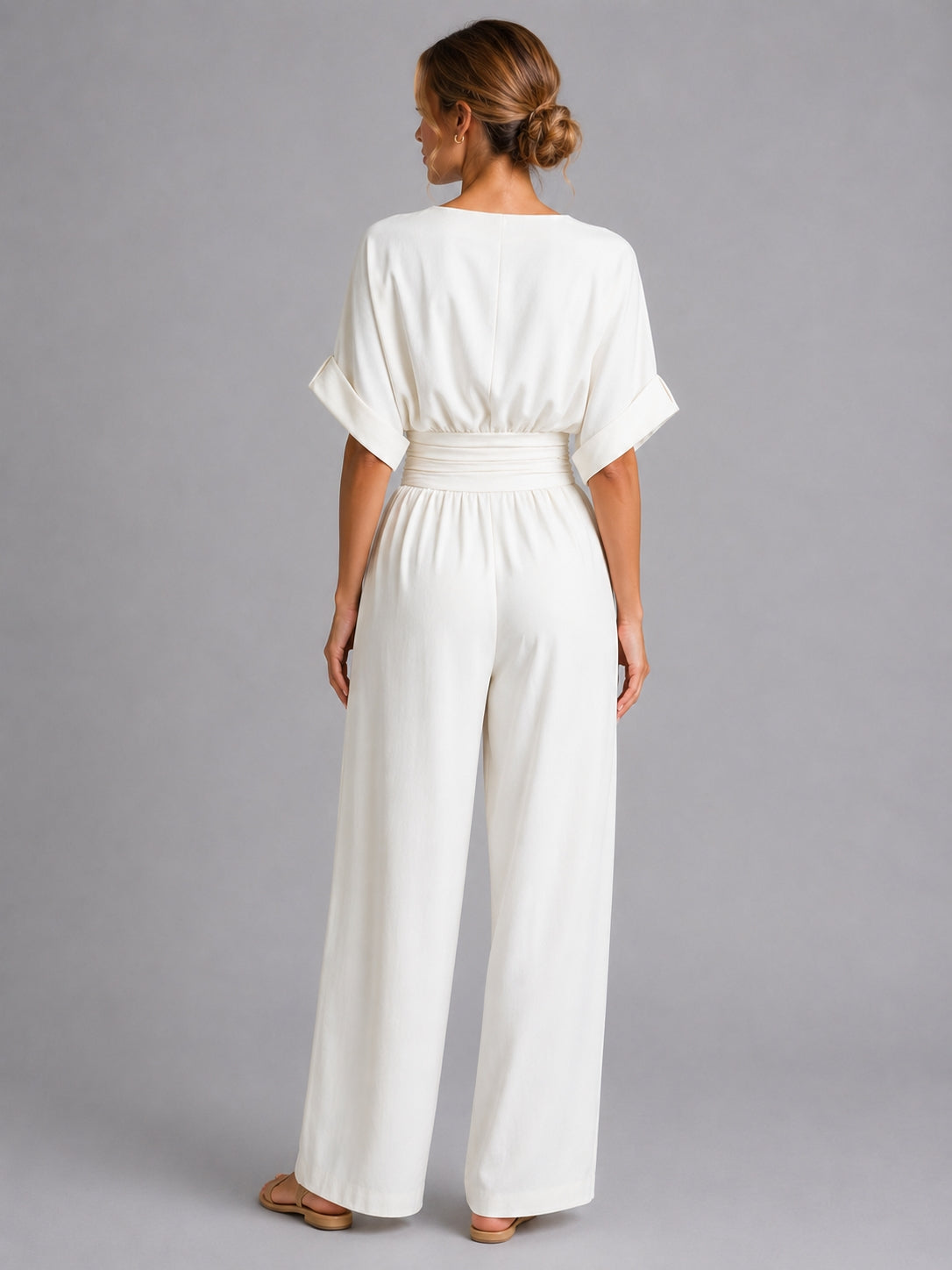 Cinched waist wide-leg jumpsuit, full-length rear view