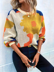 Women's Abstract Floral Knit Sweater with Ribbed Cuffs and Hem