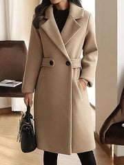 Women's Belted Longline Winter Office Coat with Wide Lapels and Pockets