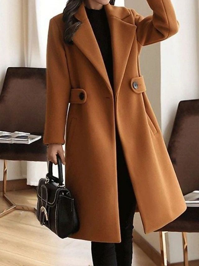 Women's Belted Longline Winter Office Coat with Wide Lapels and Pockets