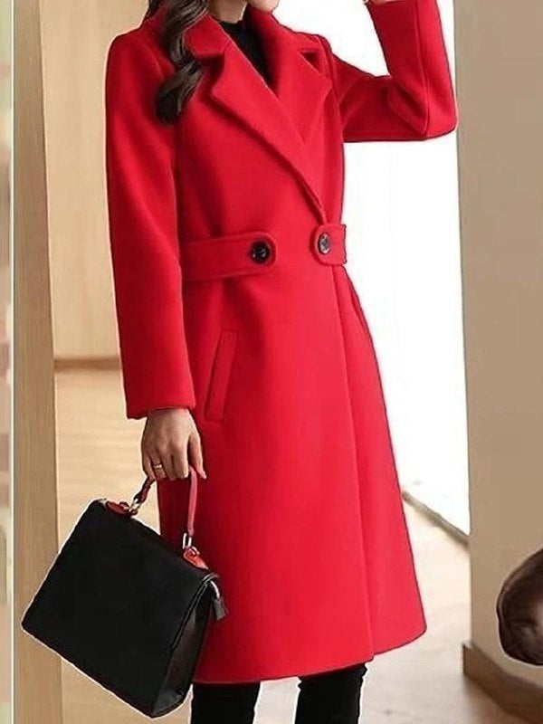 Women's Belted Longline Winter Office Coat with Wide Lapels and Pockets