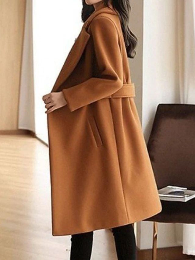 Women's Belted Longline Winter Office Coat with Wide Lapels and Pockets