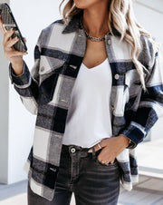 Women's Brushed Plaid Shacket with Chest Pockets and Button Front