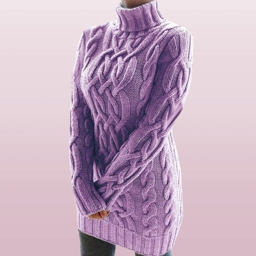 Women's Cozy Cable-Knit Turtleneck Autumn Winter Mini Dress with Ribbed Cuffs