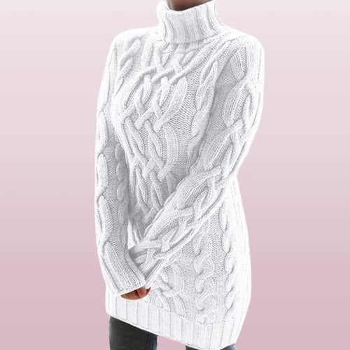 Women's Cozy Cable-Knit Turtleneck Autumn Winter Mini Dress with Ribbed Cuffs