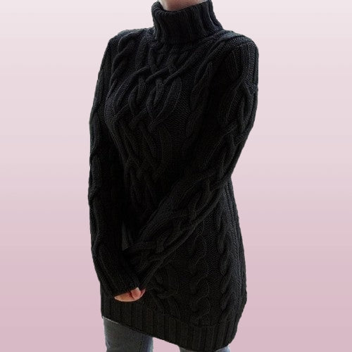 Women's Cozy Cable-Knit Turtleneck Autumn Winter Mini Dress with Ribbed Cuffs