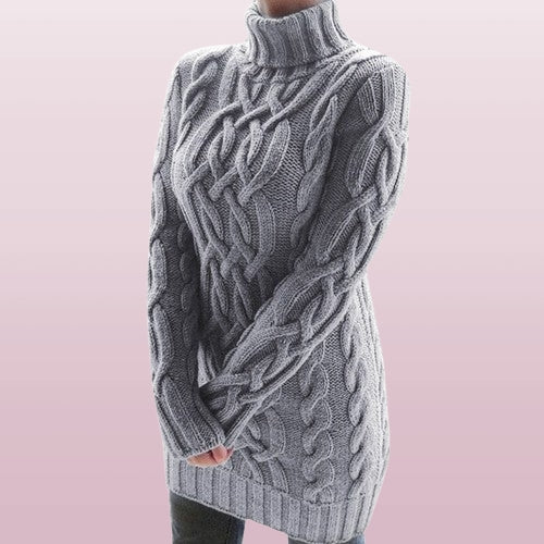 Women's Cozy Cable-Knit Turtleneck Autumn Winter Mini Dress with Ribbed Cuffs