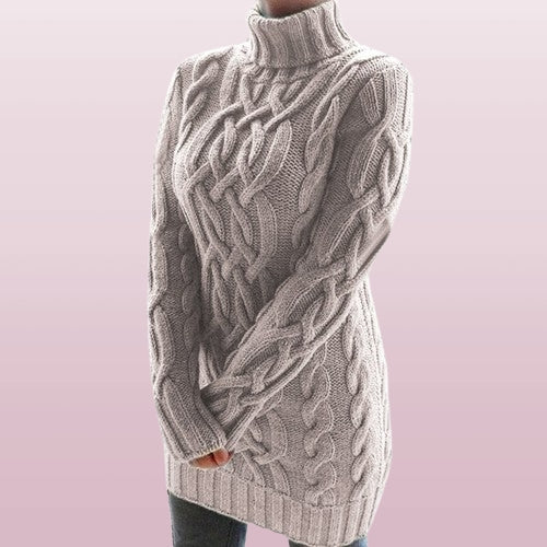 Women's Cozy Cable-Knit Turtleneck Autumn Winter Mini Dress with Ribbed Cuffs