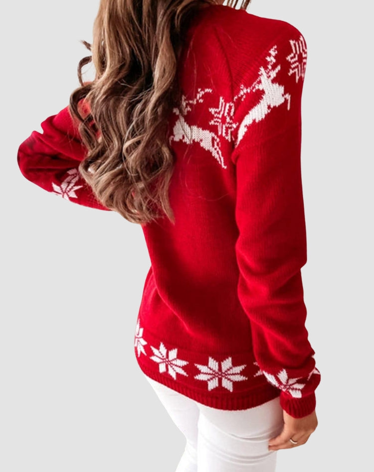 Women's Cozy Christmas Knit Sweater with Reindeer Motif and Ribbed Cuffs