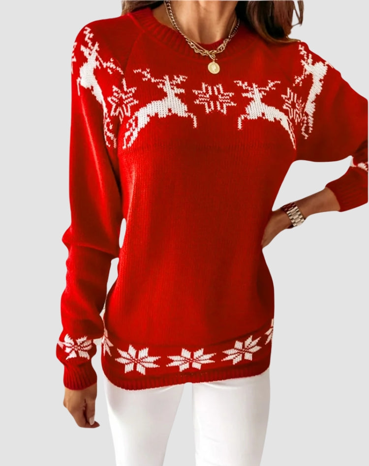 Women's Cozy Christmas Knit Sweater with Reindeer Motif and Ribbed Cuffs