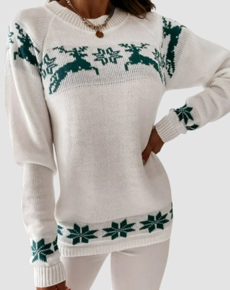 Women's Cozy Christmas Knit Sweater with Reindeer Motif and Ribbed Cuffs