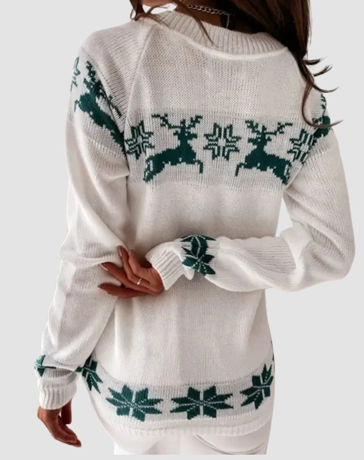 Women's Cozy Christmas Knit Sweater with Reindeer Motif and Ribbed Cuffs
