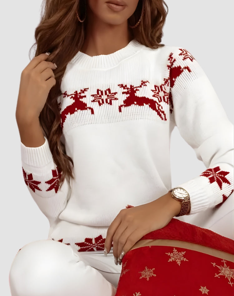 Women's Cozy Christmas Knit Sweater with Reindeer Motif and Ribbed Cuffs