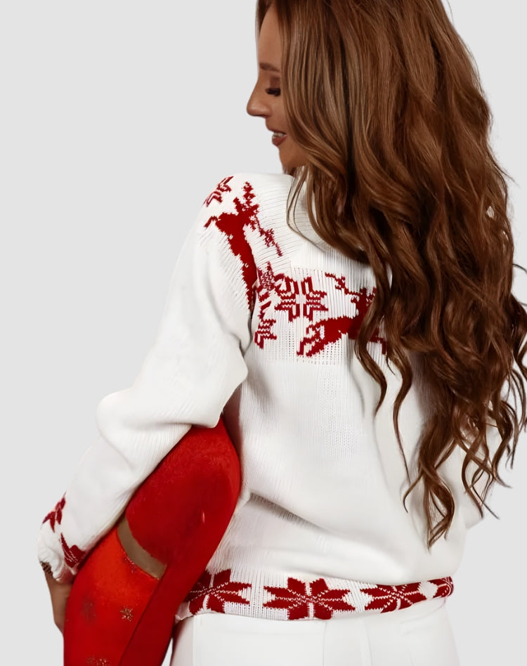 Women's Cozy Christmas Knit Sweater with Reindeer Motif and Ribbed Cuffs