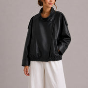 Women's Cozy Faux Leather Bomber Jacket for Stylish Layering