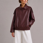 Women's Cozy Faux Leather Bomber Jacket for Stylish Layering