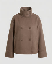 Women's Cropped Wool Blend Jacket with High Collar and Button Placket