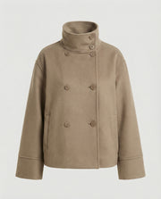 Women's Cropped Wool Blend Jacket with High Collar and Button Placket