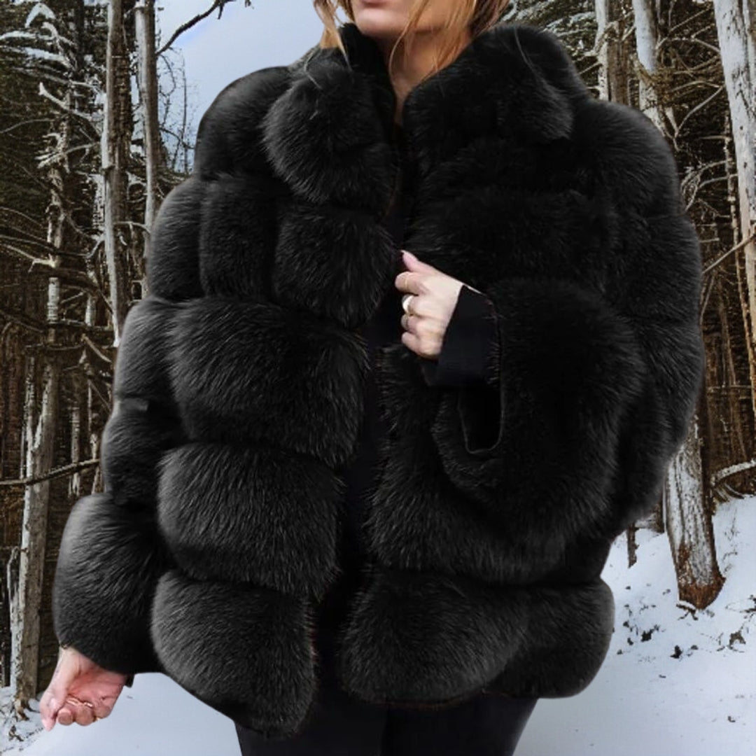 Women's Cropped Plush Faux-Fur Winter Evening Jacket with Oversized Collar