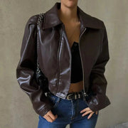 Women's Elegant Cropped Faux Leather Jacket with Wide Collar Style