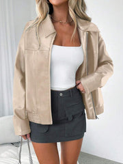 Women's Oversized Faux Leather Jacket with Wide Collar and Ruched Hem
