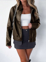 Women's Oversized Faux Leather Jacket with Wide Collar and Ruched Hem