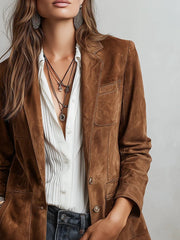 Women's Structured Faux Suede Blazer with Single-Breasted Front