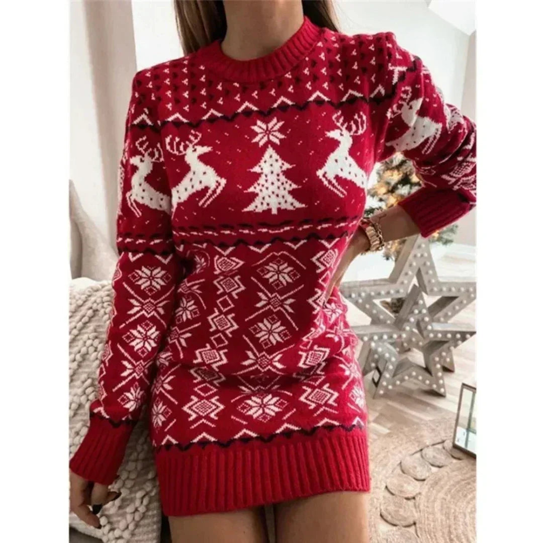 Women's Fitted Christmas Knit Mini Dress with Ribbed Cuffs and Hem