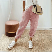 Women's High-Waisted Wide-Leg Striped Pants with Drawstring and Side Pockets