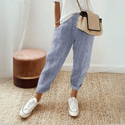 Women's High-Waisted Wide-Leg Striped Pants with Drawstring and Side Pockets