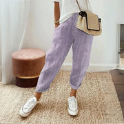 Women's High-Waisted Wide-Leg Striped Pants with Drawstring and Side Pockets