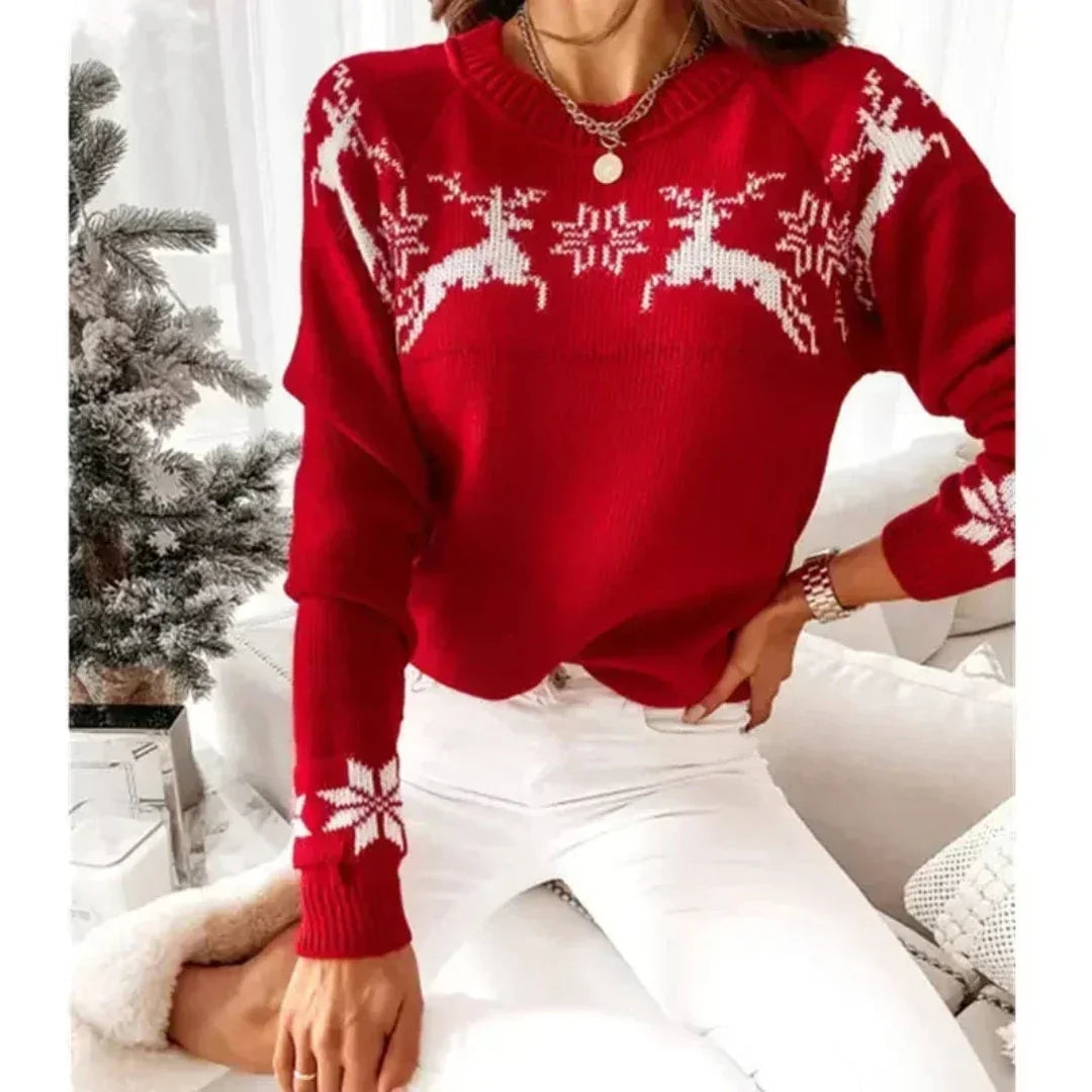 Women's Knitted Christmas Sweater with Reindeer Motif and Ribbed Cuffs