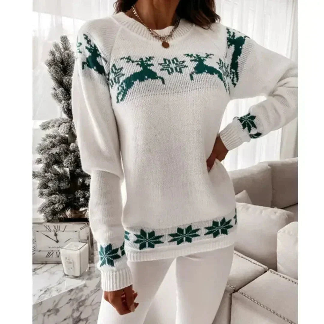 Women's Knitted Christmas Sweater with Reindeer Motif and Ribbed Cuffs