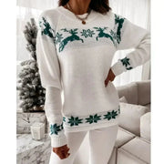Women's Knitted Christmas Sweater with Reindeer Motif and Ribbed Cuffs